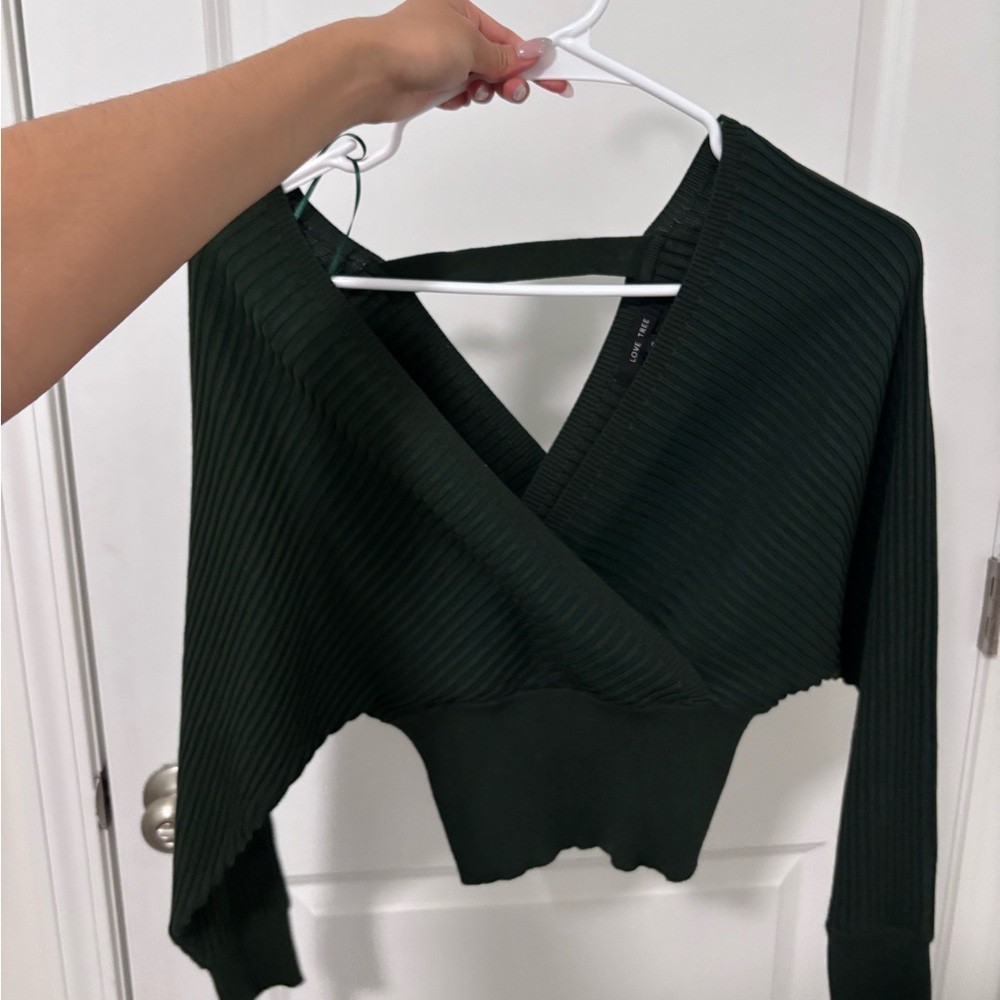 Dark Green Ribbed Wrap Sweater